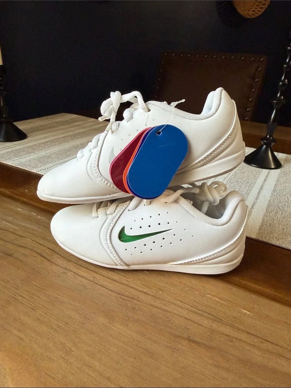 Nike cheer White Sneakers with Green Swoosh and Multi-Color Tags